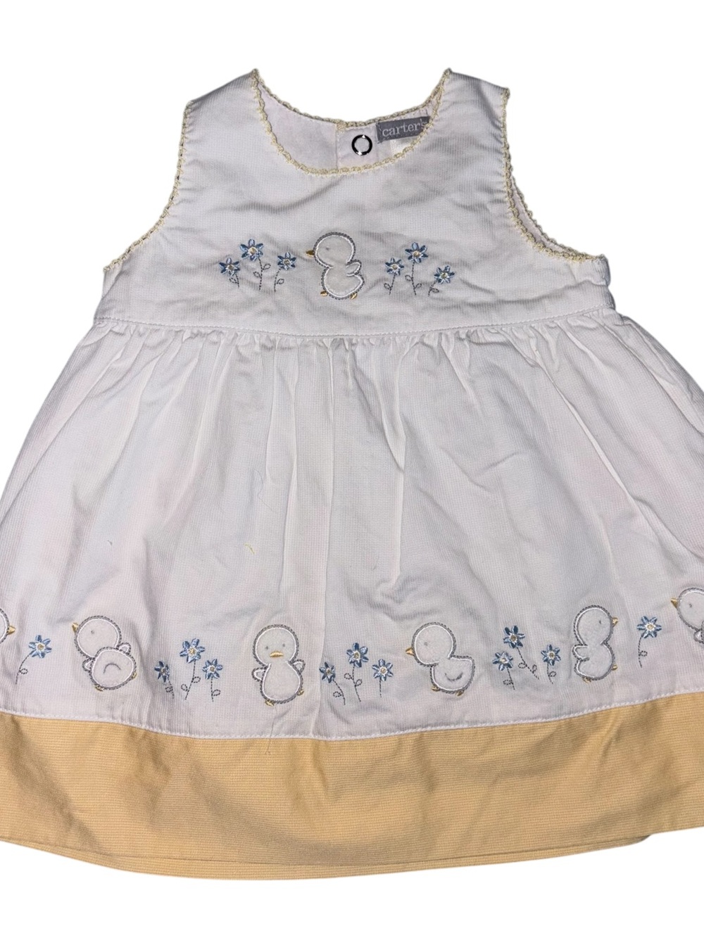 Vintage Carter's White Dress with Yellow Hem and Blue Duck Embroidery